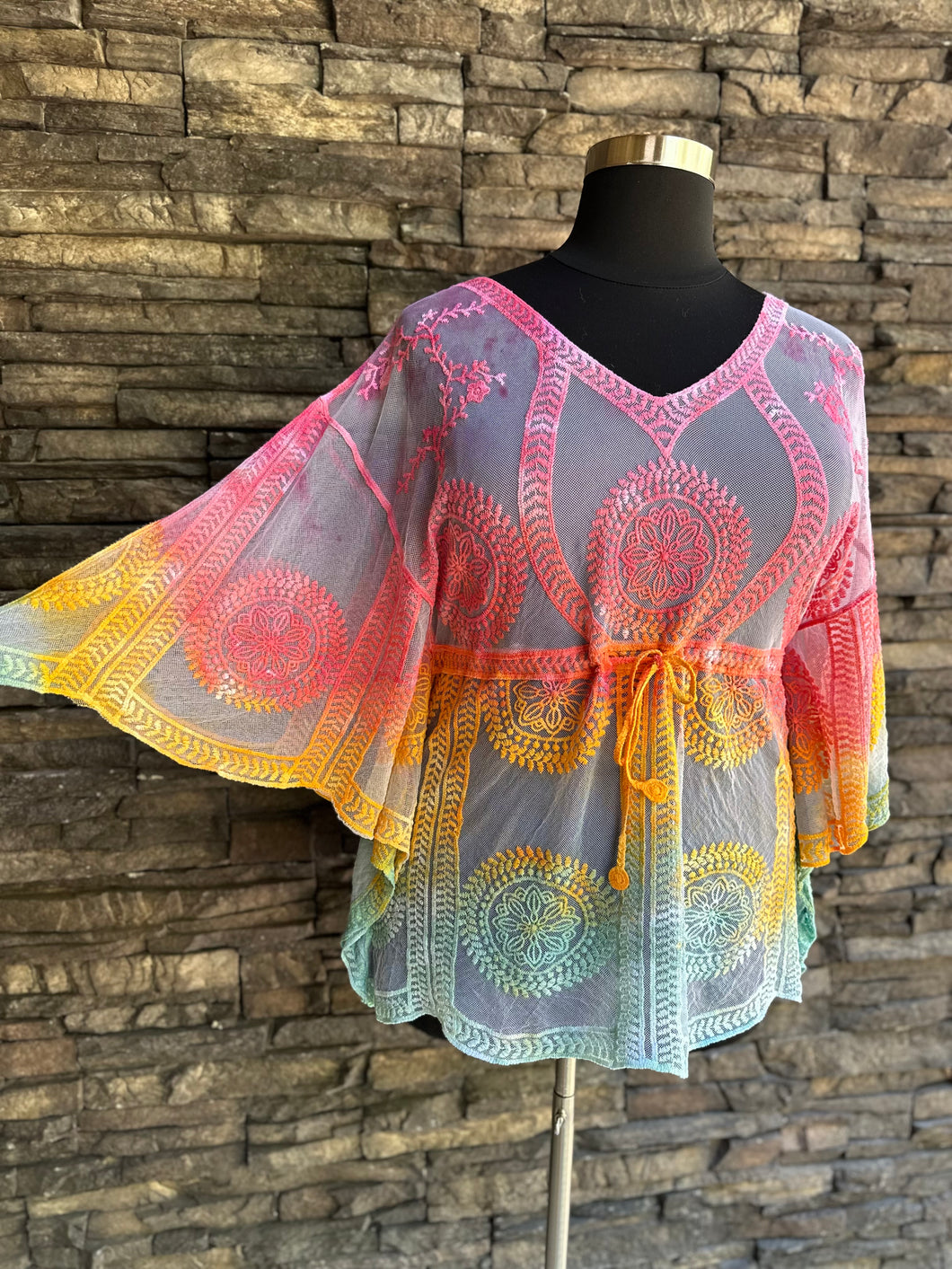Women’s One Size (fits M-XL best) Lace Kimono-Style Poncho with Drawstring Waist in ‘Cotton Candy Skies’