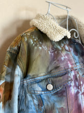 Load image into Gallery viewer, Women’s XL Upcycled Sherpa Lined Denim Jacket in ‘Rustic Rainbow’
