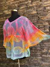 Load image into Gallery viewer, Women’s One Size (fits M-XL best) Lace Kimono-Style Poncho with Drawstring Waist in ‘Cotton Candy Skies’
