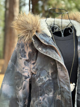 Load image into Gallery viewer, Women’s Size 10 (Fits like a Medium/Large) Upcycled Sherpa Lined Parka Jacket with Faux Fur Hood in ‘Raven Rose’

