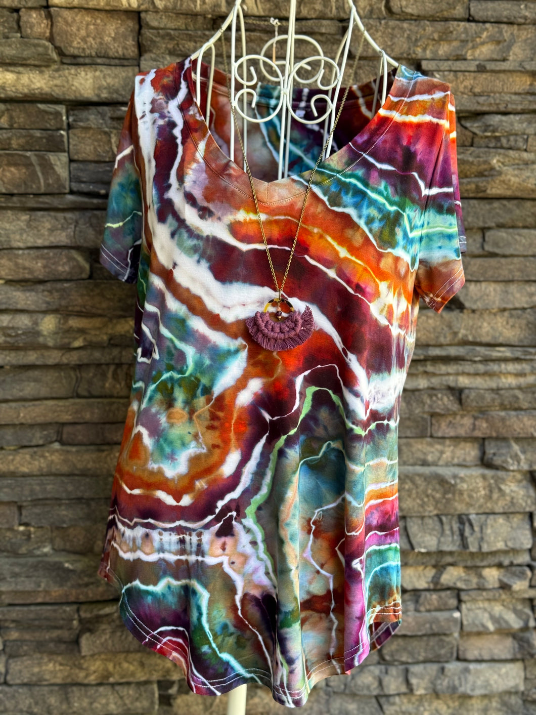 Women’s Small Geode Short Sleeved V-Neck Shirt in ‘Fire Opal’