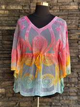 Load image into Gallery viewer, Women’s One Size (fits M-XL best) Lace Kimono-Style Poncho with Drawstring Waist in ‘Cotton Candy Skies’
