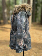 Load image into Gallery viewer, Women’s Size 10 (Fits like a Medium/Large) Upcycled Sherpa Lined Parka Jacket with Faux Fur Hood in ‘Raven Rose’
