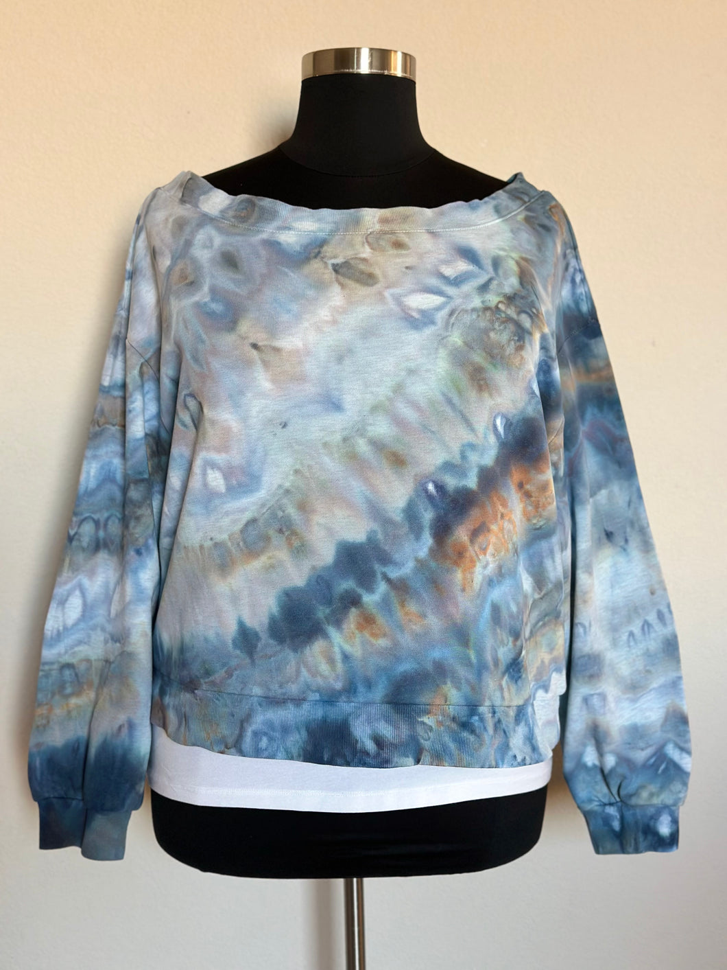 Custom Off Shoulder Sweatshirt in ‘Blue Gray & Smoke Blue’ for Jeanette