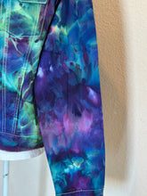 Load image into Gallery viewer, Custom Ice Dyed Denim Jacket in ‘Northern Lights’ and Geode Bodycon Dress in ‘Boulder Turquoise’ for Elliemaeishguan
