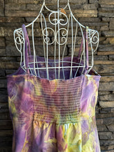 Load image into Gallery viewer, Women’s XL Ice Dyed Midi A-Line Denim Corset Dress with Pockets in ‘Sugar Plum’
