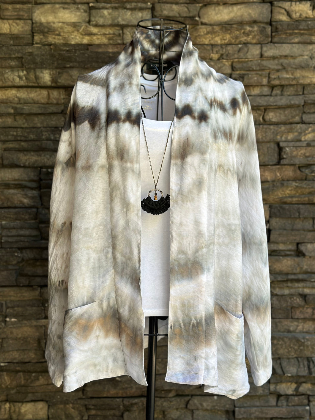 Women’s Large Open Front Kimono Jacket with Drop Pockets in ‘Obsidian Fog’