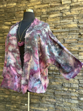 Load image into Gallery viewer, Women’s L (but can fit up to a 2X) Loose Geode Cotton Gauze Kimono with Frayed Hems &amp; 3/4 Sleeves in ‘Black Cherry Storm’
