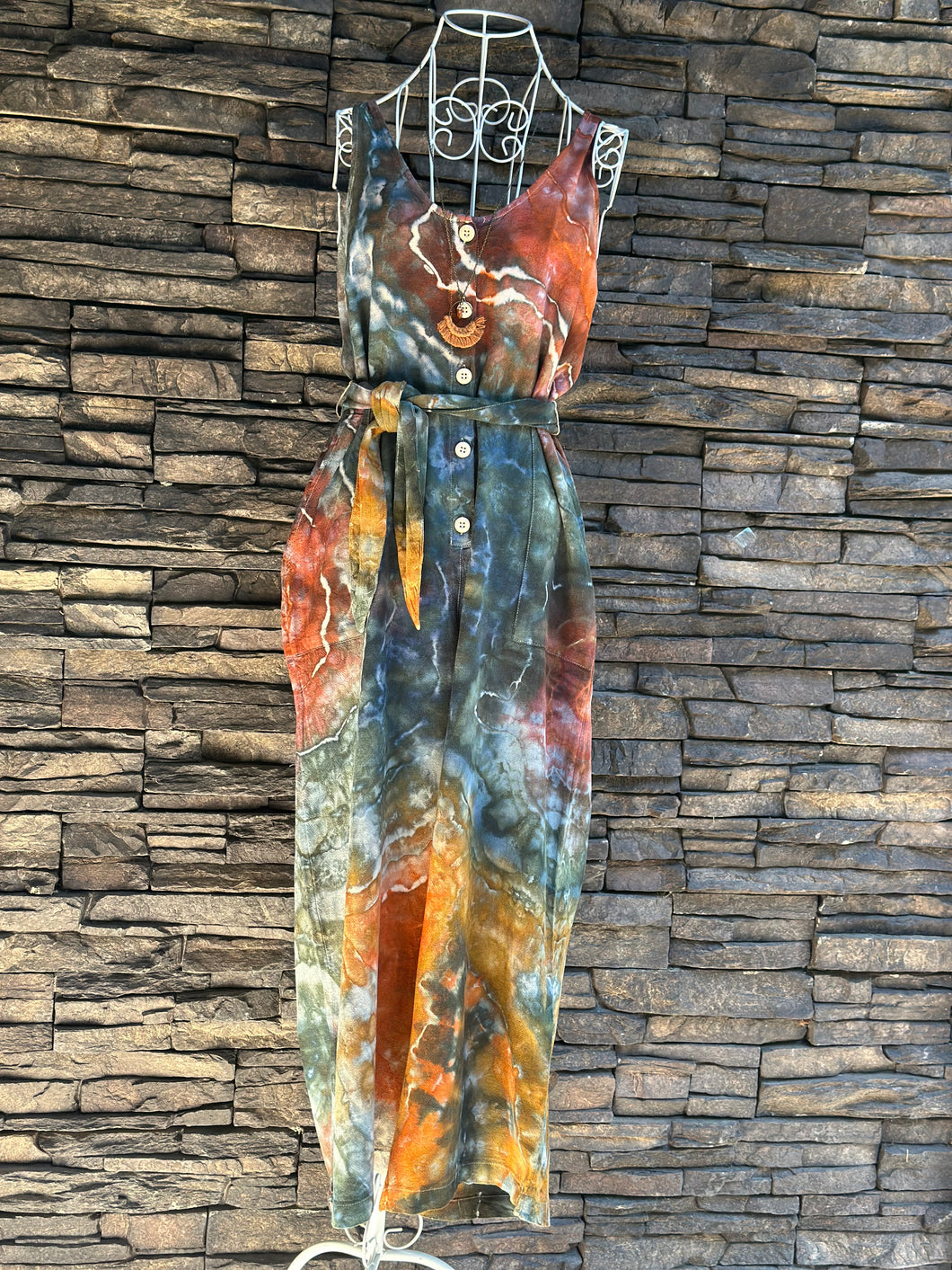 Women’s XS (can fit a small, too) Geode Button Front Jumpsuit with Tie in ‘Nutmeg & Marine’