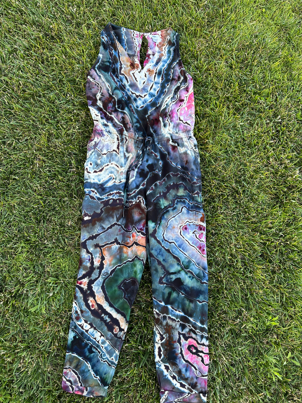 Women’s Medium (runs a bit small) Reverse Geode Upcycled Rayon Jumpsuit with Pockets in ‘Pinot Sage & Teal’