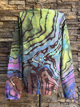 Load image into Gallery viewer, Women’s Small (runs big—fits like a M/L) Reverse Geode V-Neck Pullover Sweatshirt with Tie Sleeve Cuffs in ‘Abalone’
