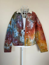 Load image into Gallery viewer, Women’s XL Upcycled Sherpa Lined Denim Jacket in ‘Rustic Rainbow’
