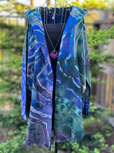 Load image into Gallery viewer, Custom Reverse Geode Dress in ‘Midnight Sapphire’ and Reverse Geode Hooded Sweatshirt Cardigan in ‘Abalone’ for Kari
