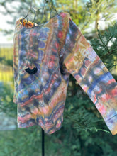 Load image into Gallery viewer, Custom Reverse Geode Rayon Button Up Shirt in ‘Starling’, 3/4 sleeve Raglan Top, Zipper Pouch and Dish Towel for Sarah
