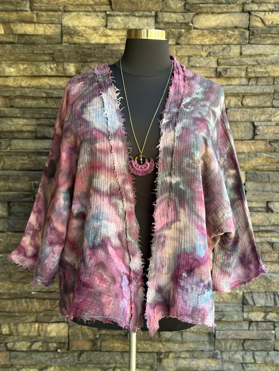 Women’s L (but can fit up to a 2X) Loose Geode Cotton Gauze Kimono with Frayed Hems & 3/4 Sleeves in ‘Black Cherry Storm’
