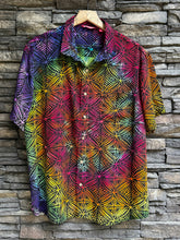 Load image into Gallery viewer, Men’s XL 100% Rayon Button Up Shirt in Rainbow Spiral
