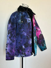 Load image into Gallery viewer, Women’s XS Upcycled Reversed Ice Dyed Sherpa Lined Denim Jacket in ‘Galaxy’
