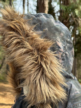 Load image into Gallery viewer, Women’s Size 10 (Fits like a Medium/Large) Upcycled Sherpa Lined Parka Jacket with Faux Fur Hood in ‘Raven Rose’
