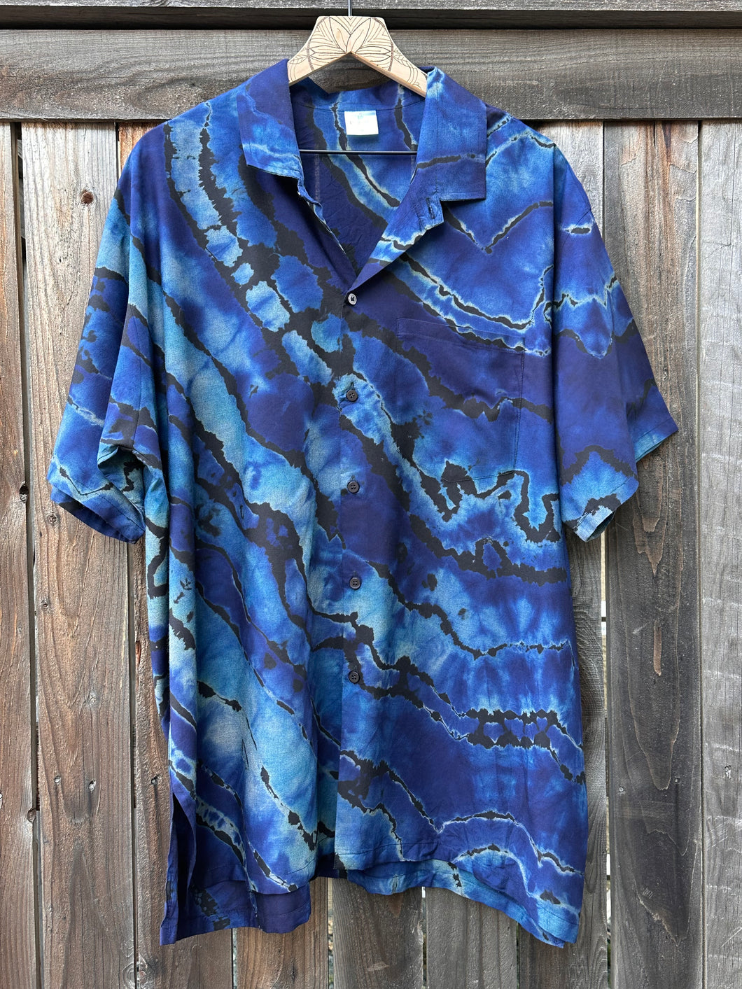 Custom Reverse Geode Button Up Rayon Shirt in Blues for Uncle Paul