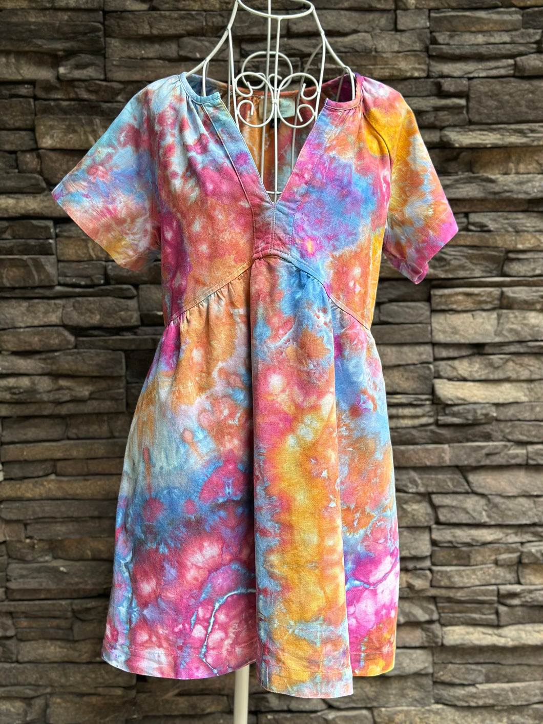 Women’s XS Geode Linen/Rayon Short Sleeve Babydoll Dress with Pockets in ‘Bird Song’