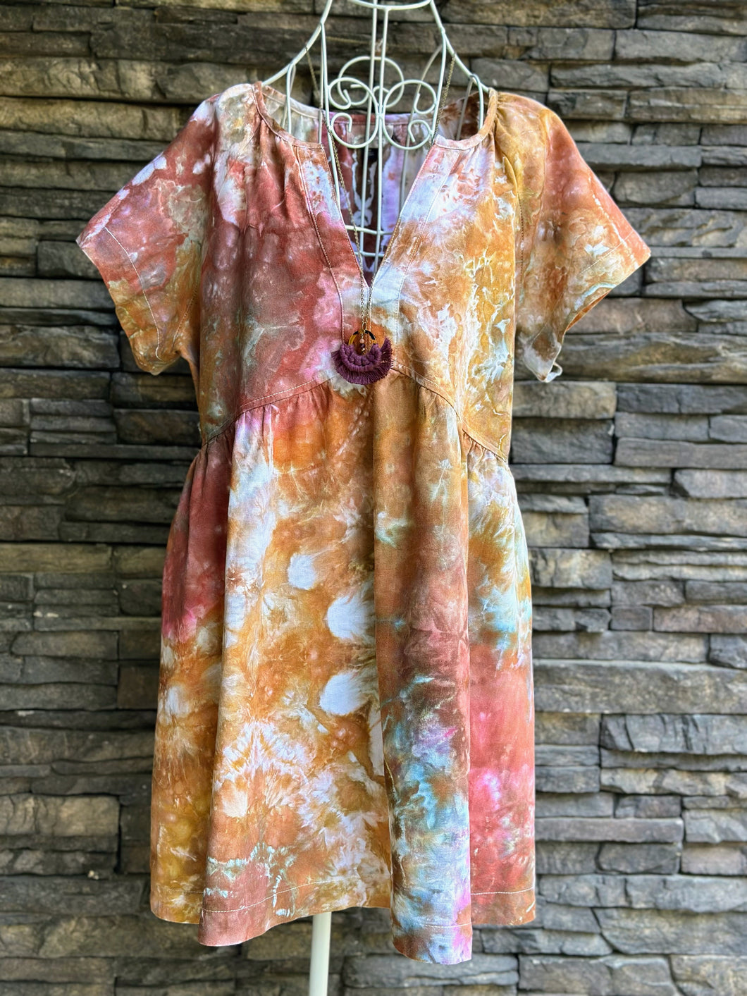 Women’s Medium Linen/Rayon Geode Short Sleeve Babydoll Dress with Pockets in ‘Desert Bloom’