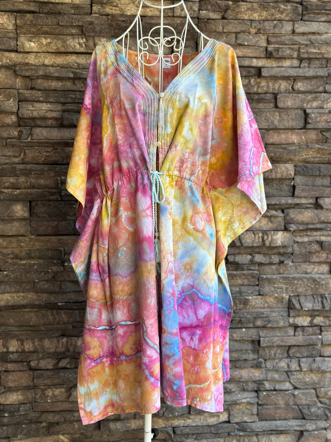 Women’s Medium (but can fit S-XL) Geode Caftan Swim Cover-up with Drawstring Waist & Button Front in ‘Bird Song’