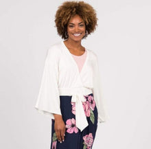 Load image into Gallery viewer, Women’s Small (can fit a medium too) Geode Bell Sleeved Kimono Wrap Top with Tie in ‘Pinot Sage’
