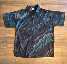 Load image into Gallery viewer, Custom Reverse Geode Rayon Button Up Shirt in ‘Starling’, 3/4 sleeve Raglan Top, Zipper Pouch and Dish Towel for Sarah
