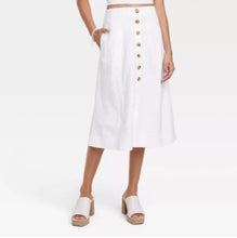 Load image into Gallery viewer, Women’s Medium Linen/Rayon Midi Button Front Skirt with Pockets in ‘Northern Lights’ Twist
