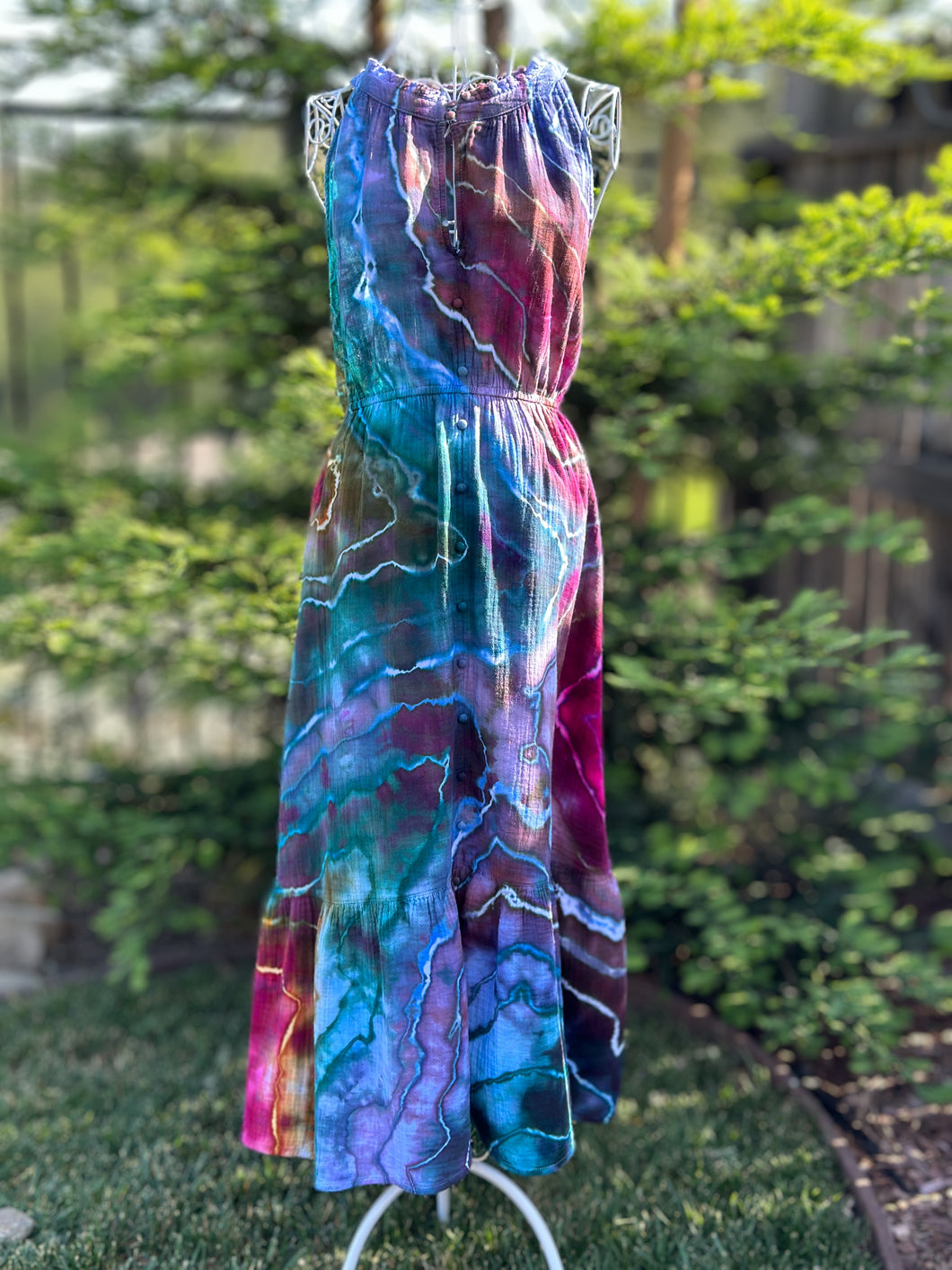 Custom Geode Tiered Halter Style Midi Dress in ‘Gypsy Skies’ for Beth