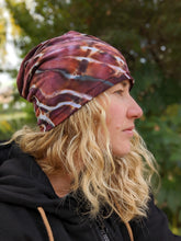 Load image into Gallery viewer, Adult Slouchy Geode Beanie in Eggplant &amp; Rust Brown
